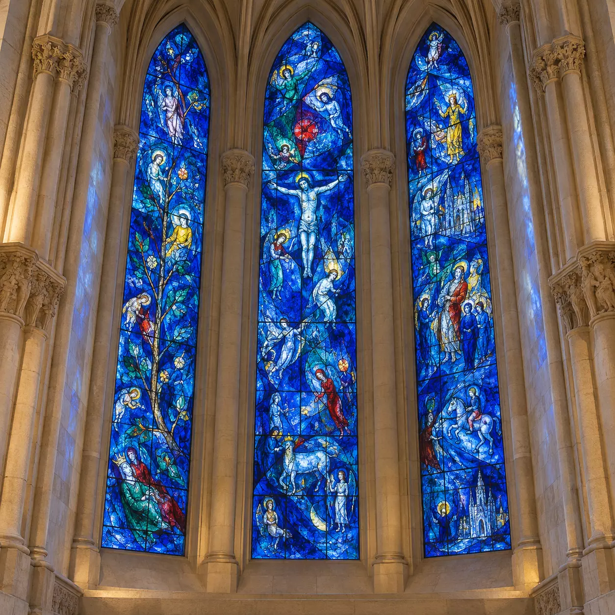 Ilustração inspirada nos vitrais de Marc Chagall em Reims, com três janelas azuis emolduradas pela arquitetura gótica.